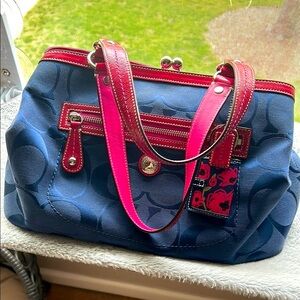 COACH F14941 Laura Signature Jacquard Blue Pink Trim Tote Handbag